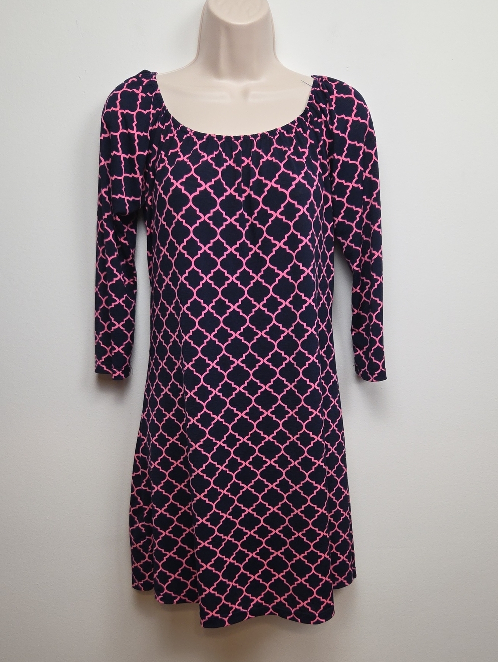 Boho Blu 3/4 Sleeve Navy & Pink Classic Shift Dress Business Casual Office Large